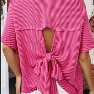 Pink Tie-Back Ribbed Women's Top